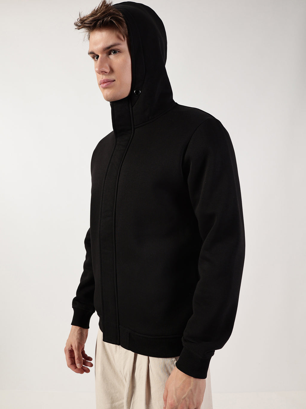 Thomas Scott Men Black Regular Fit Long Sleeves Solid Open Front Hooded Jacket