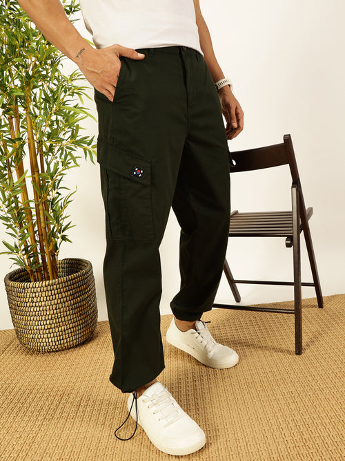 Thomas Scott Men Bottle Green Regular Fit Mid-Rise Cotton Woven Parachute Cargo Trouser