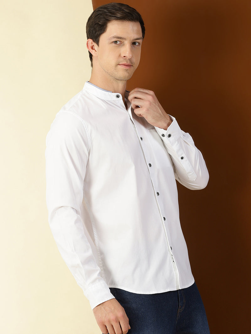 Thomas Scott Men White Cricket Club Collection Slim Fit Long Sleeves Band Collar Cotton Casual Shirt