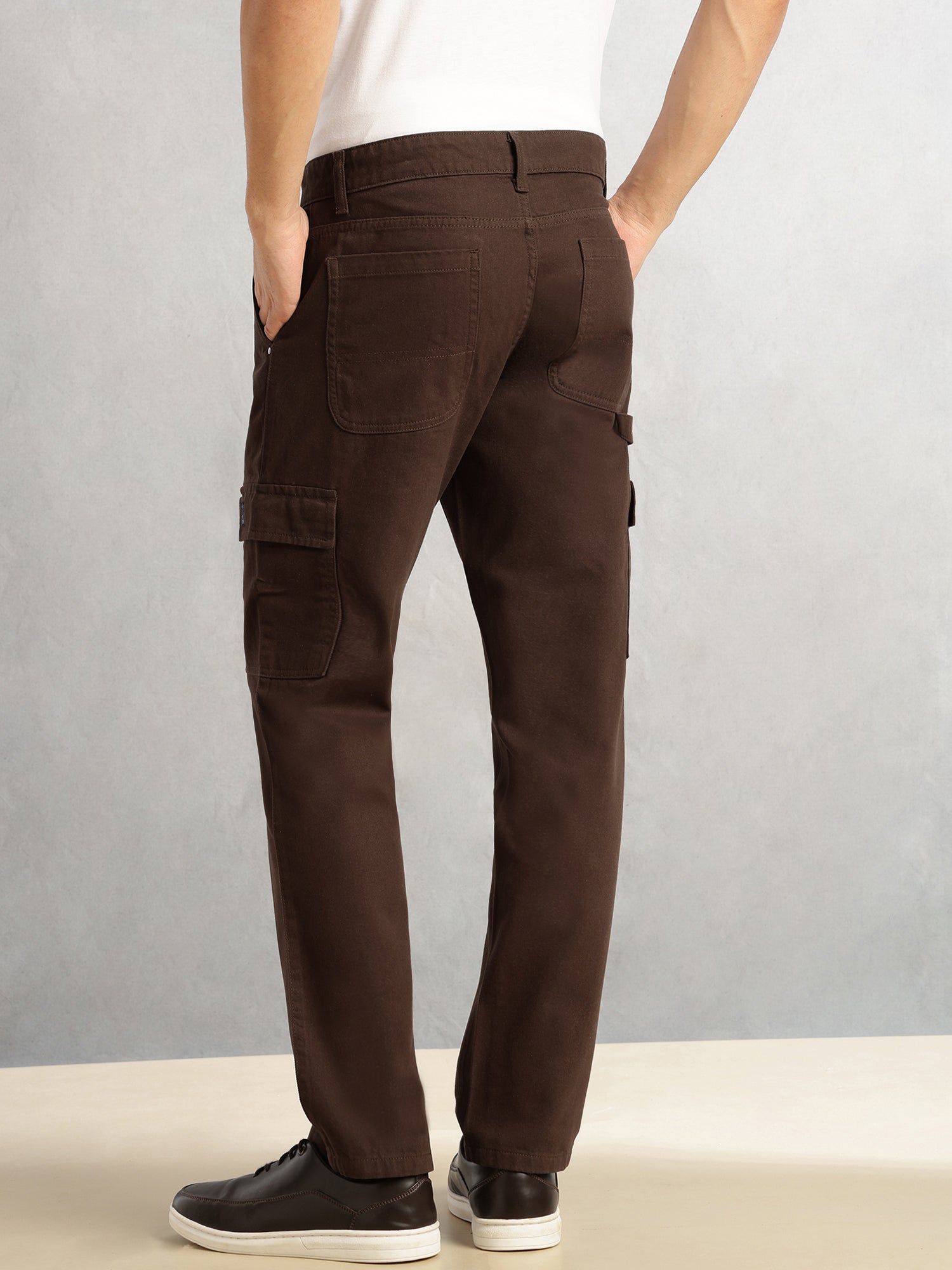 Thomas Scott Men Brown Cricket Club Collection Straight Fit Mid-Rise 100% Cotton Woven Cargo Trouser