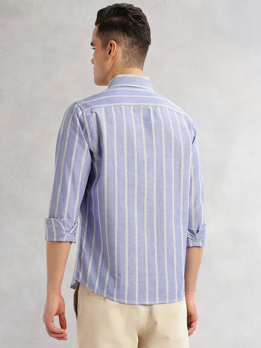 Thomas Scott Men Blue Cricket Club Collection Slim Fit Long Sleeves Button Down Collar Vertical Stripes Oxford Casual Shirt