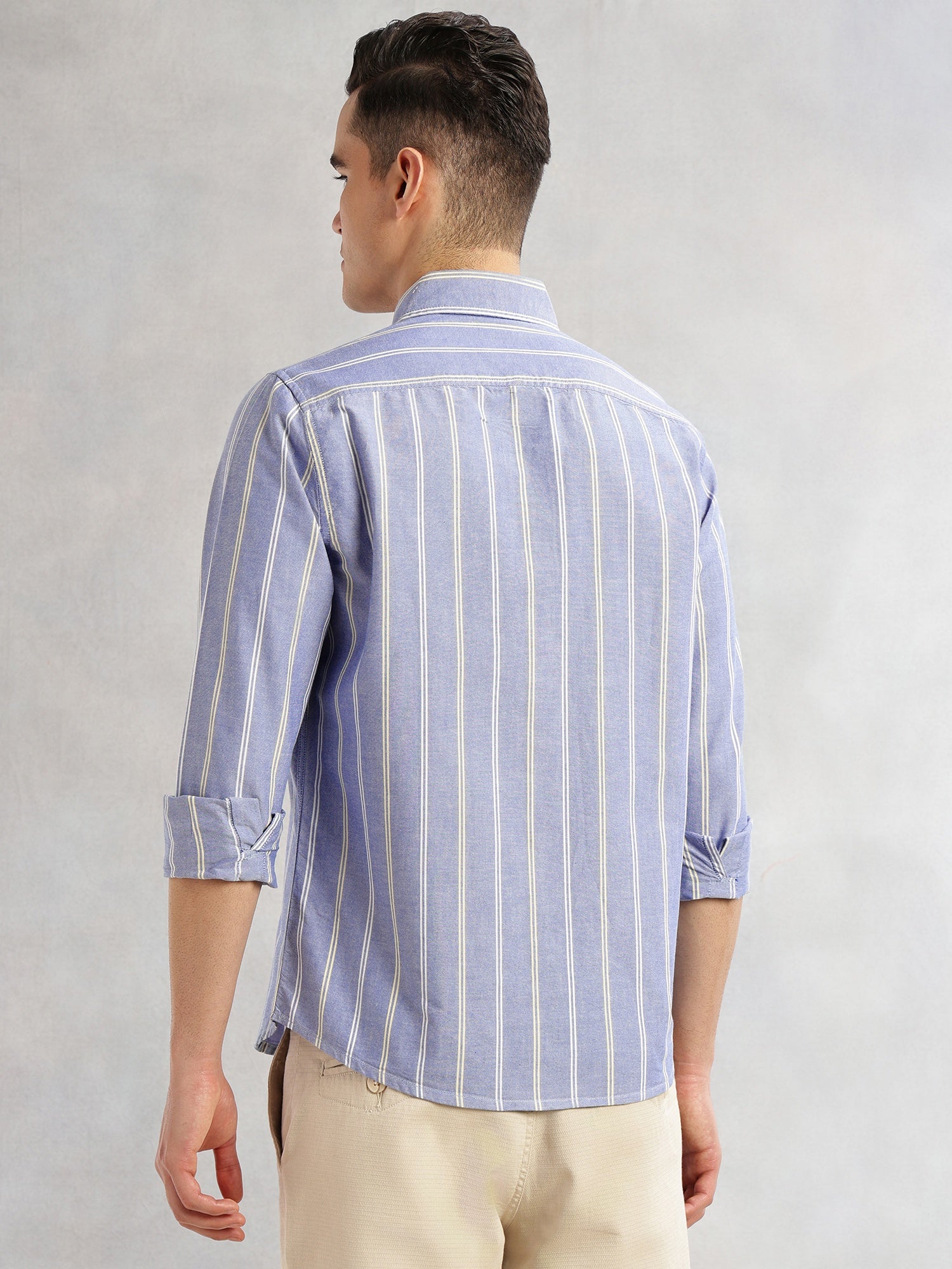Thomas Scott Men Blue Cricket Club Collection Slim Fit Long Sleeves Button Down Collar Vertical Stripes Oxford Casual Shirt