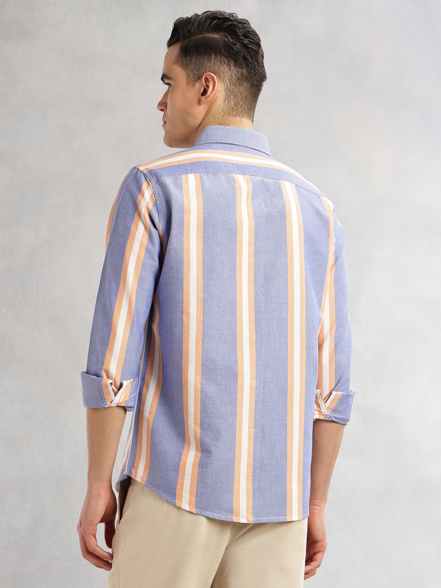 Thomas Scott Men Blue Cricket Club Collection Slim Fit Long Sleeves Vertical Stripes Button Down Collar Oxford Casual | Shirt