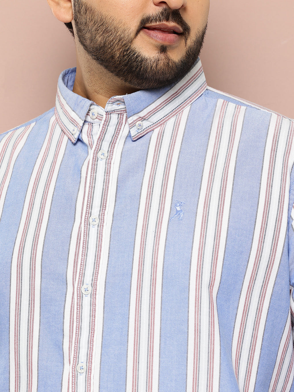 Thomas Scott Men Blue Cricket Club Collections Plus Size Regular Fit Long Sleeves Button-Down Collar Multi Stripes 100% Cotton Casual Shirt