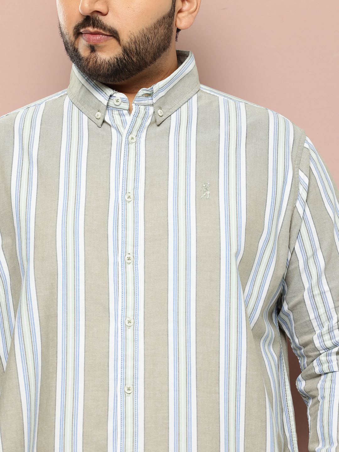 Thomas Scott Men Green Cricket Club Collections Plus Size Regular Fit Long Sleeves Button-Down Collar Multi Stripes 100% Cotton Casual Shirt