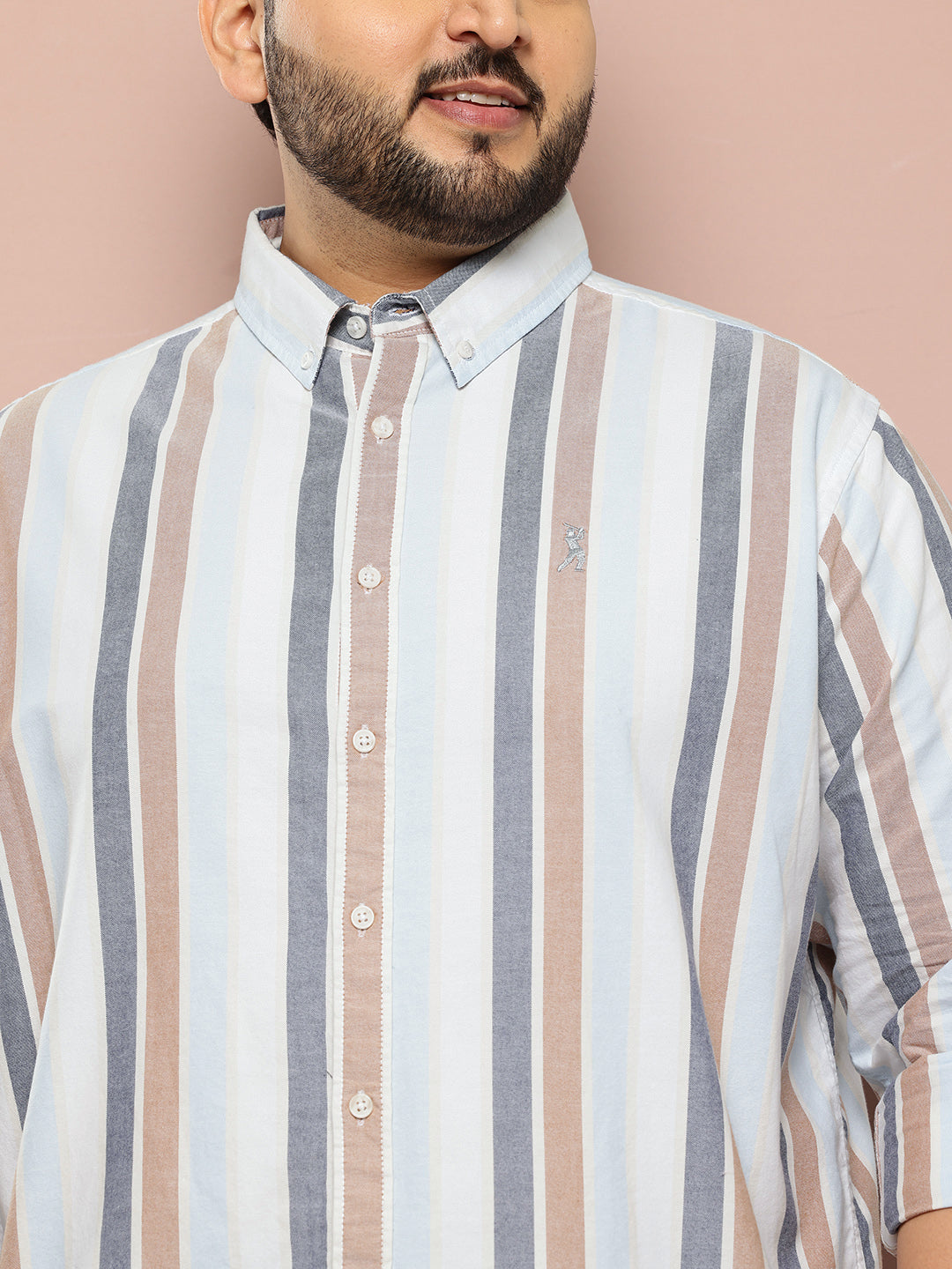 Thomas Scott Men White Plus Size Cricket Club Collections Long Sleeves Button Down Collar Multi Stripes Oxford Casual Shirt