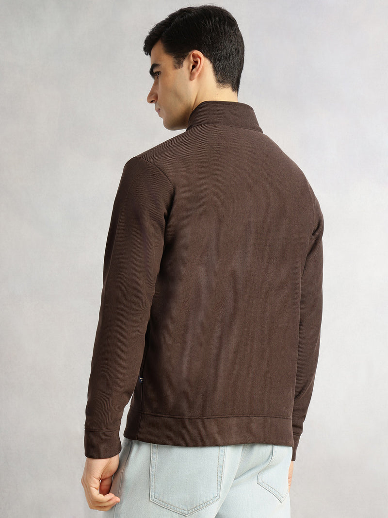 Thomas Scott Men Brown Regular Fit Long Sleeves Mock Neck Half-Zip Solid Polyester Knitted Sweatshirt