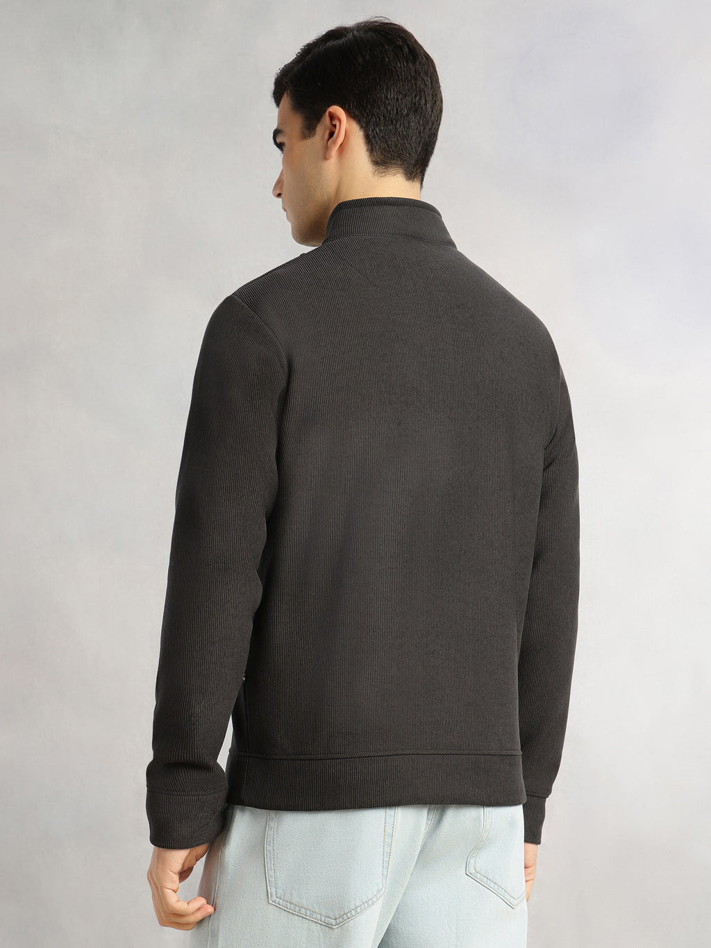 Thomas Scott Men Grey Regular Fit Long Sleeves Mock Neck Half-Zip Solid Polyester Knitted Sweatshirt