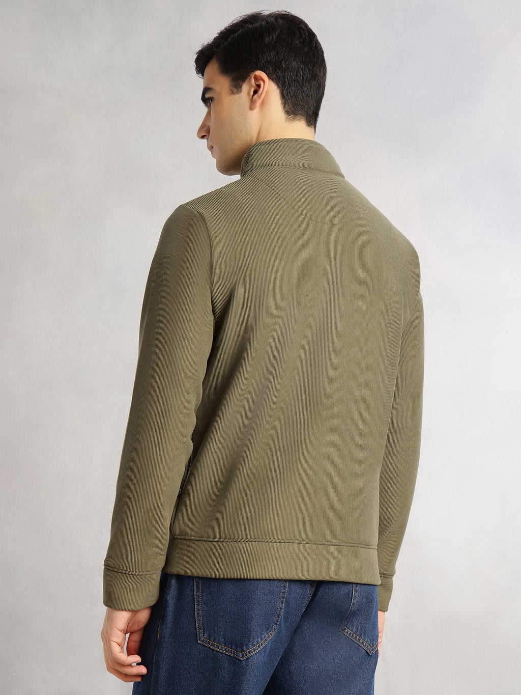 Thomas Scott Men Olive Regular Fit Long Sleeves Mock Neck Half-Zip Solid Polyester Knitted Sweatshirt
