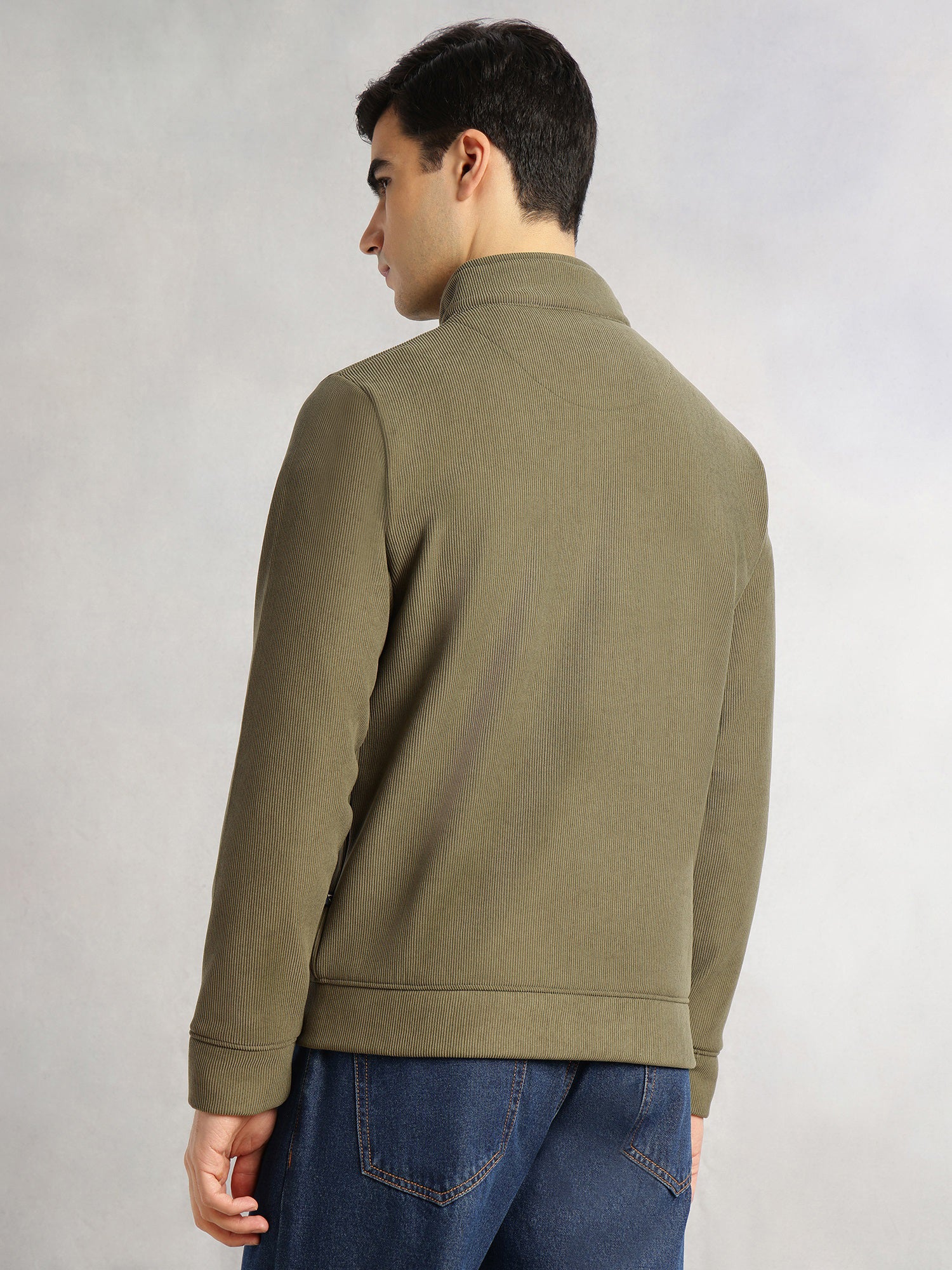 Thomas Scott Men Olive Regular Fit Long Sleeves Mock Neck Half-Zip Solid Polyester Knitted Sweatshirt