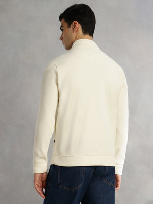 Thomas Scott Men White Regular Fit Long Sleeves Mock Neck Half-Zip Solid Polyester Knitted Sweatshirt