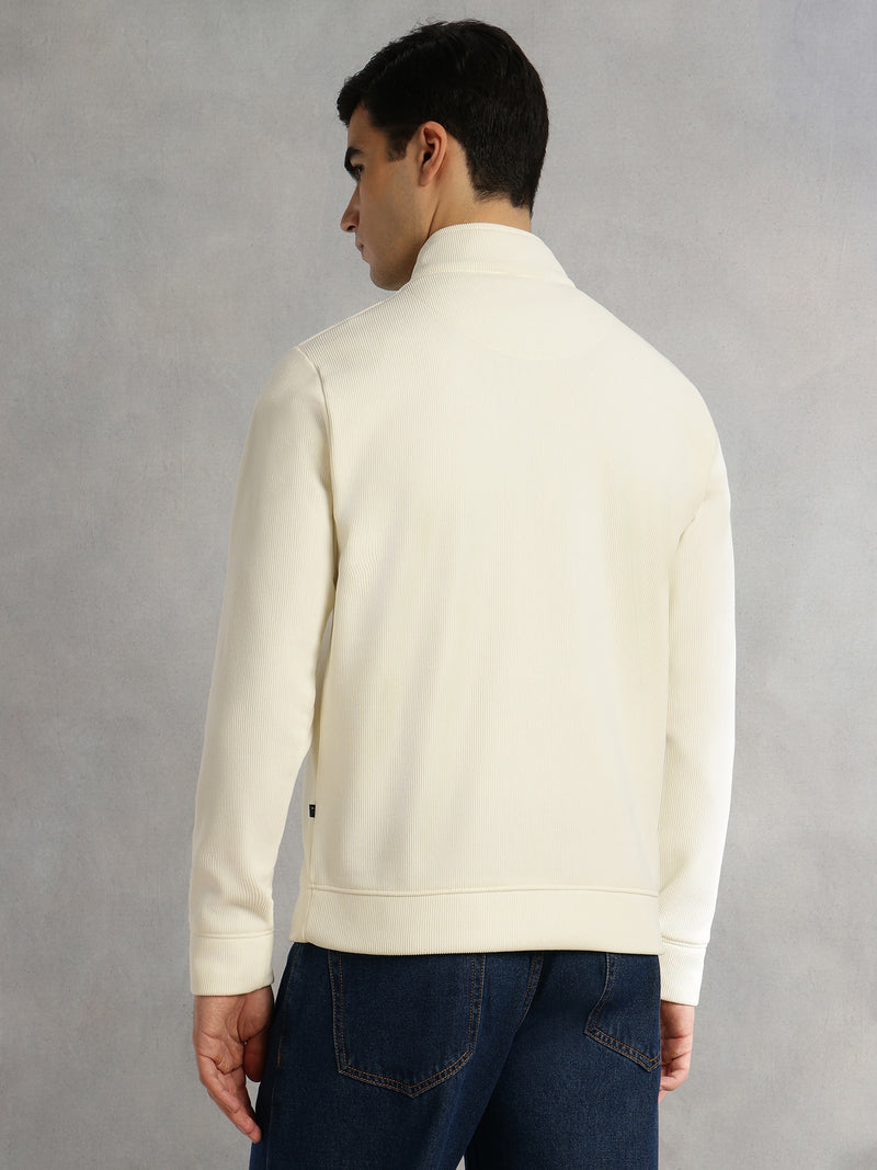 Thomas Scott Men White Regular Fit Long Sleeves Mock Neck Half-Zip Solid Polyester Knitted Sweatshirt