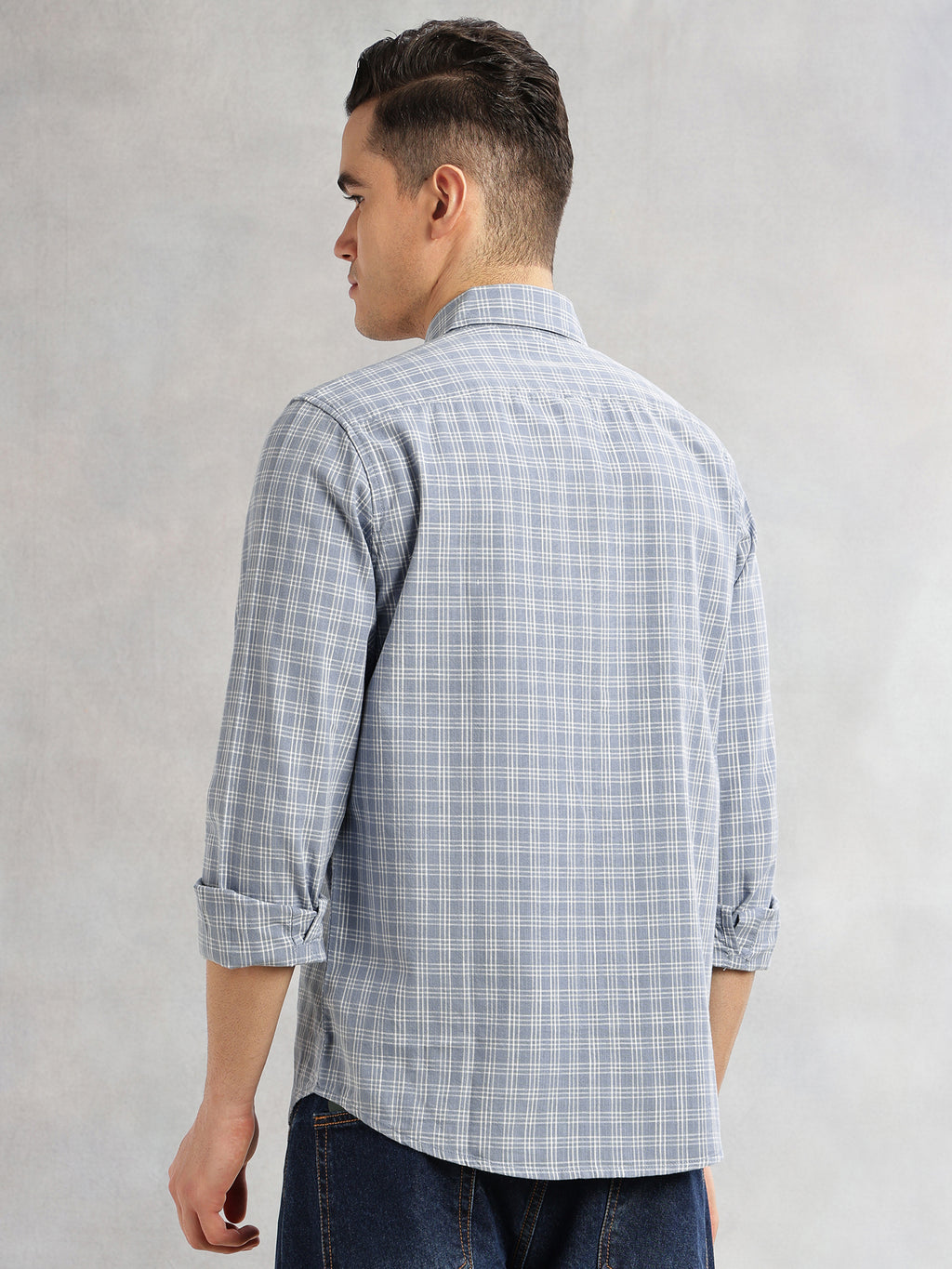Thomas Scott Men Blue Slim Fit Long Sleeves Spread Collar Tartan Checks Cotton Linen Casual Shirt