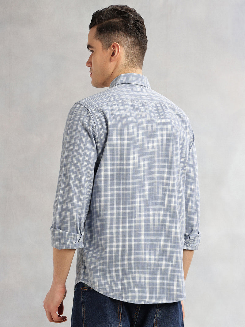 Thomas Scott Men Blue Slim Fit Long Sleeves Spread Collar Tartan Checks Cotton Linen Casual Shirt