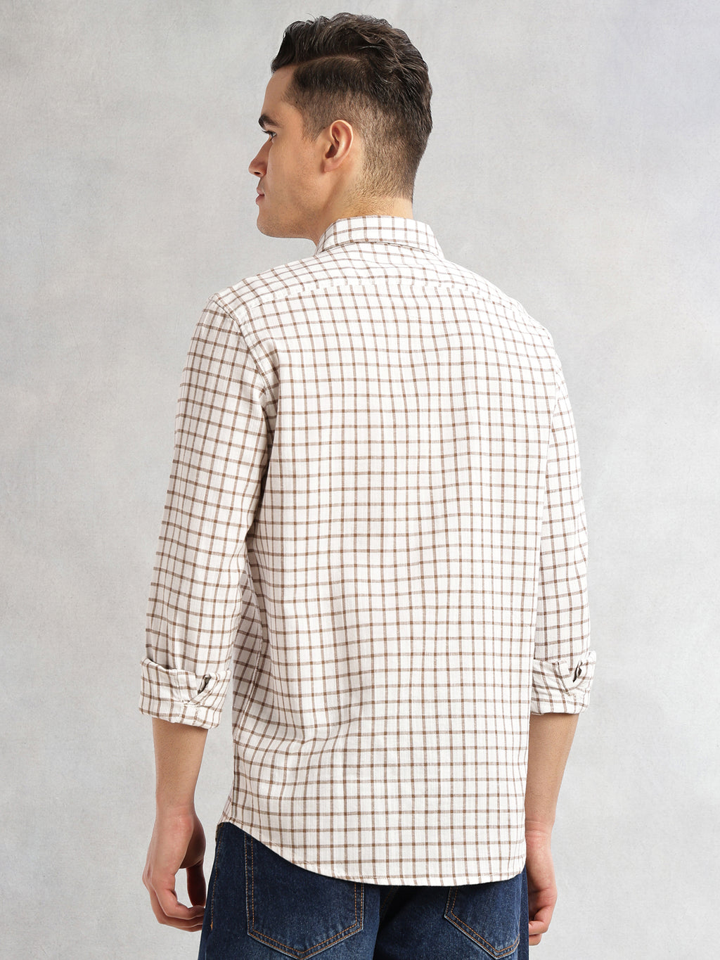 Thomas Scott Men Brown Slim Fit Long Sleeves Spread Collar Tartan Checks Cotton Linen Casual Shirt