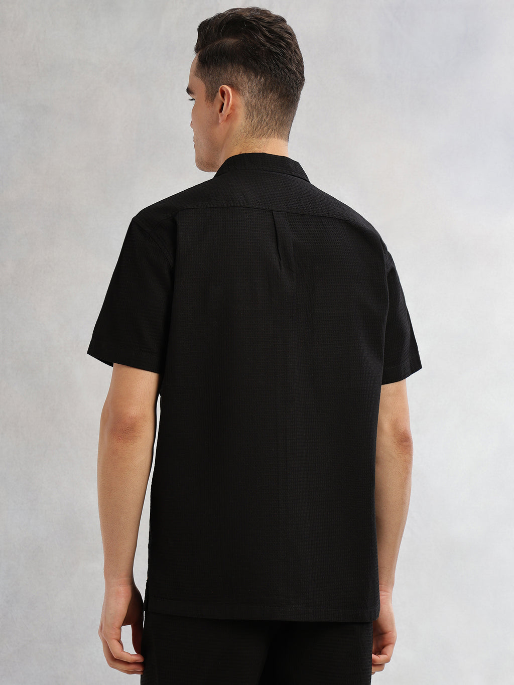 Thomas Scott Men Black Cricket Club Collection Oversized Fit Short Sleeves Textured Cotton Casual Shirt