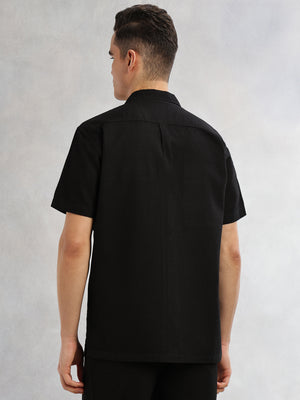 Thomas Scott Men Black Cricket Club Collection Oversized Fit Short Sleeves Textured Cotton Casual Shirt
