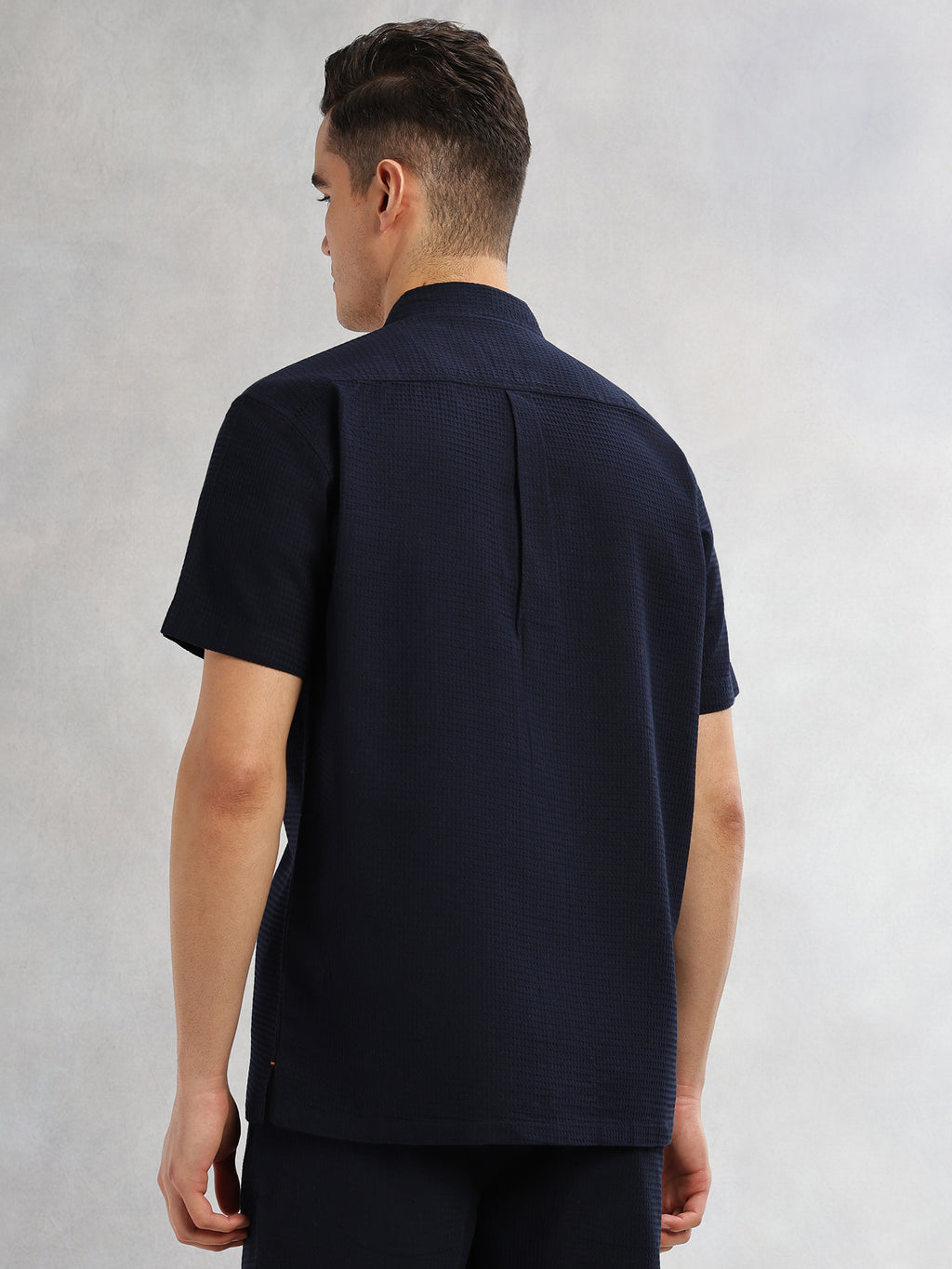Thomas Scott Men Navy Cricket Club Collection Oversized Fit Short Sleeves Textured Cotton Casual Shirt