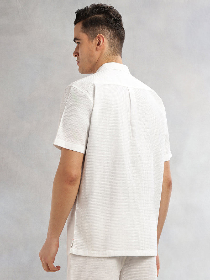 Thomas Scott Men White Cricket Club Collection Oversized Fit Short Sleeves Textured Cotton Casual Shirt