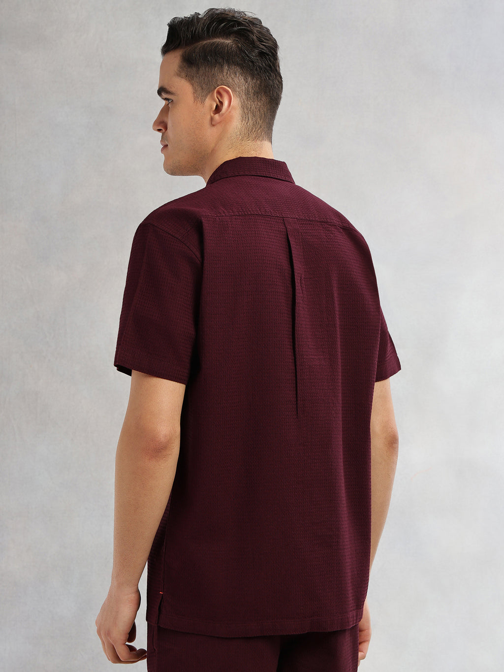 Thomas Scott Men Wine Cricket Club Collection Oversized Fit Short Sleeves Textured Cotton Casual Shirt