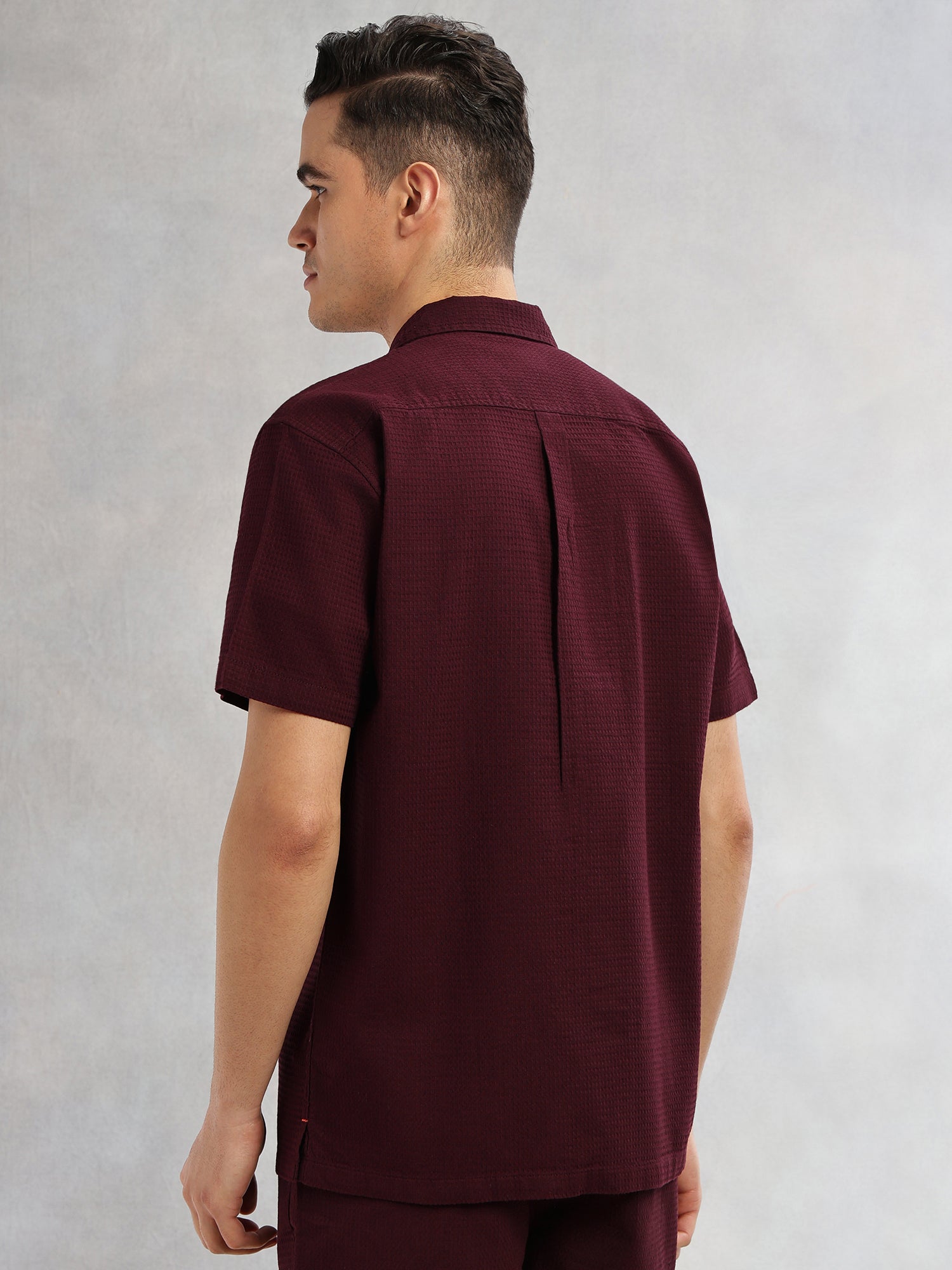 Thomas Scott Men Wine Cricket Club Collection Oversized Fit Short Sleeves Textured Cotton Casual Shirt