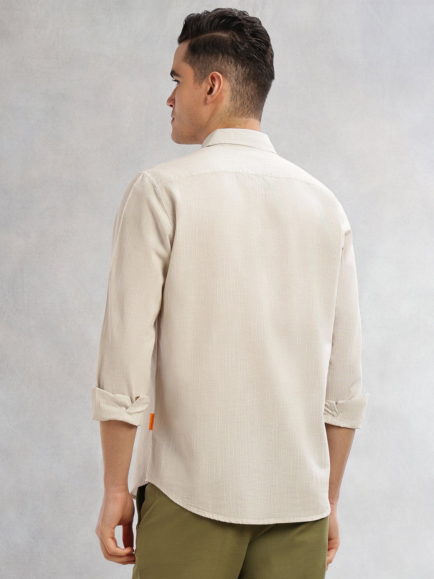 Thomas Scott Men Beige Cricket Club Collection Slim Fit Long Sleeves Spread Collar Pinstripe Cotton Linen Casual Shirt