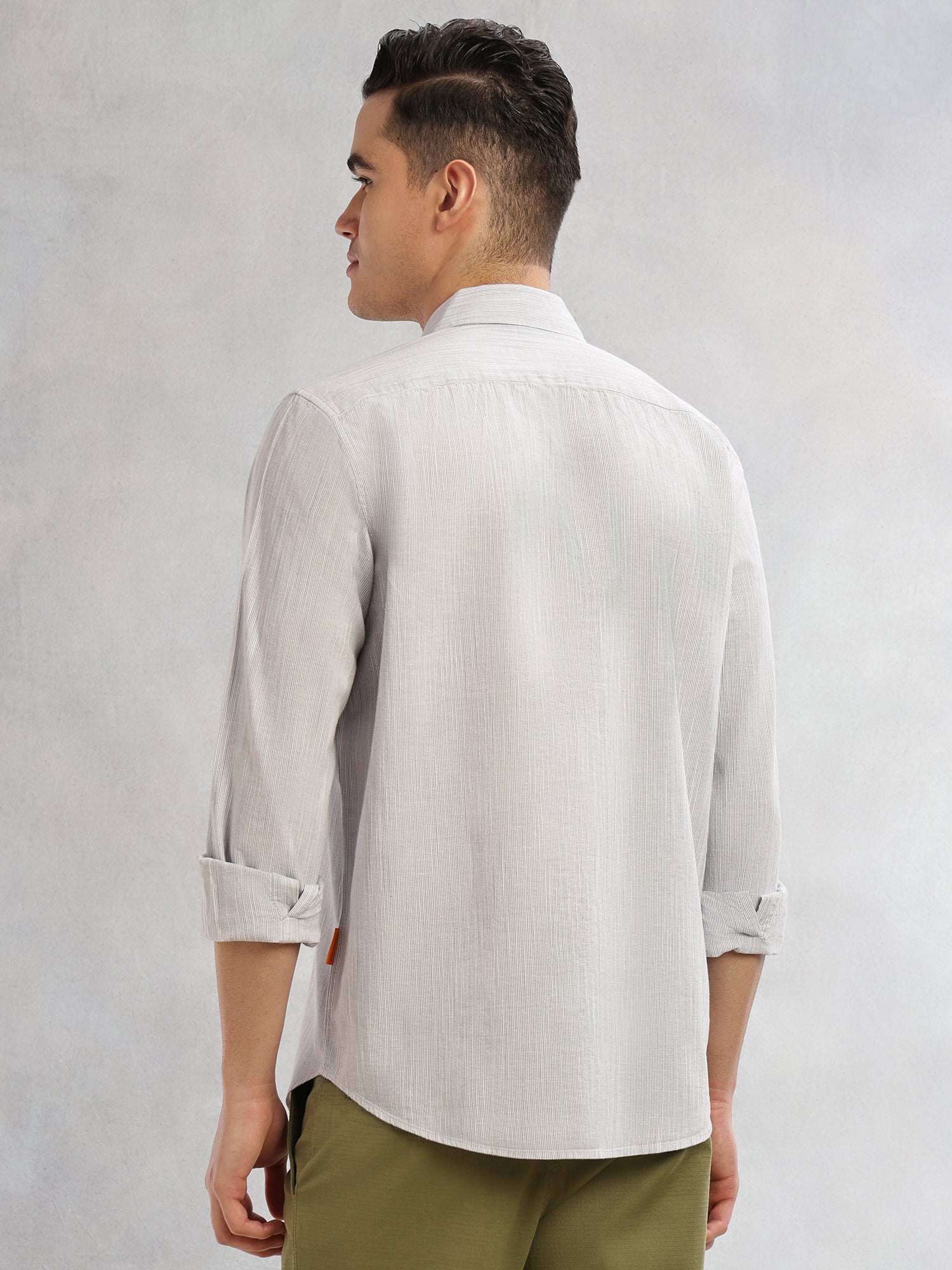 Thomas Scott Men Grey Cricket Club Collection Slim Fit Long Sleeves Spread Collar Pinstripe Cotton Linen Casual Shirt