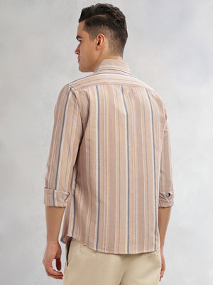 Thomas Scott Men Beige Cricket Club Collection Slim Fit Long Sleeves Button-Down Collar Multi Stripe Cotton Casual Shirt