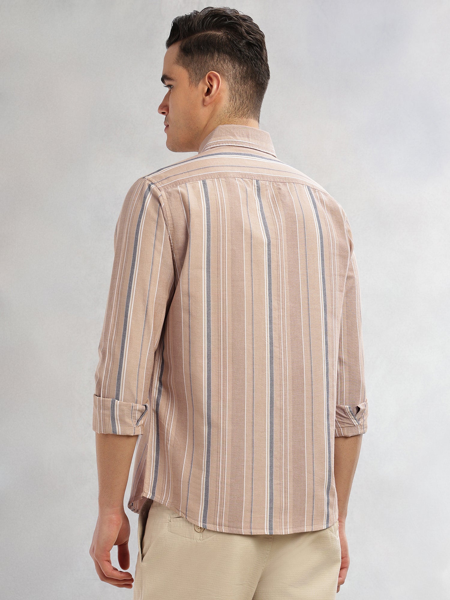 Thomas Scott Men Beige Cricket Club Collection Slim Fit Long Sleeves Button-Down Collar Multi Stripe Cotton Casual Shirt