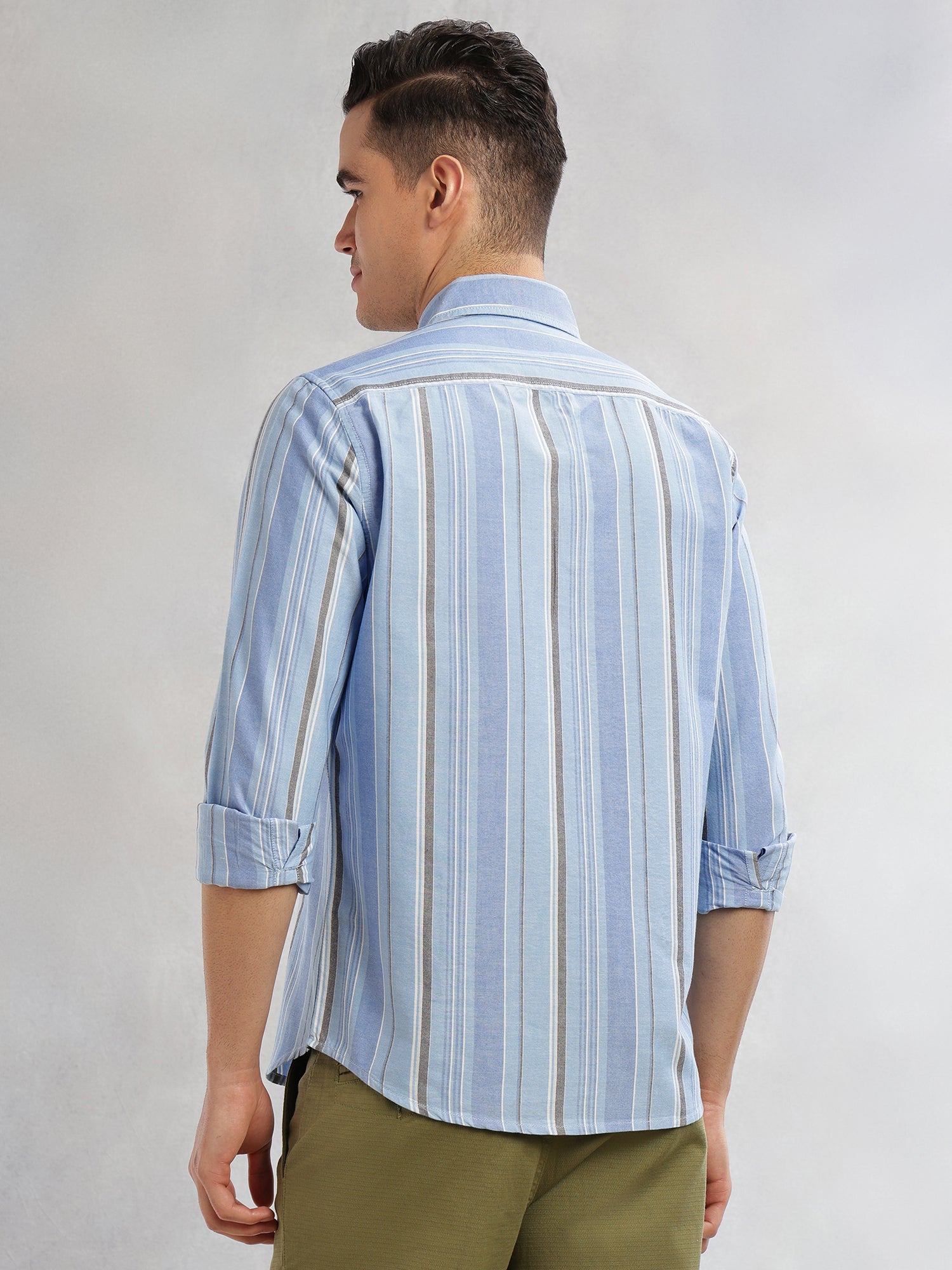 Thomas Scott Men Blue Cricket Club Collection Slim Fit Long Sleeves Button-Down Collar Multi Stripe Cotton Casual Shirt
