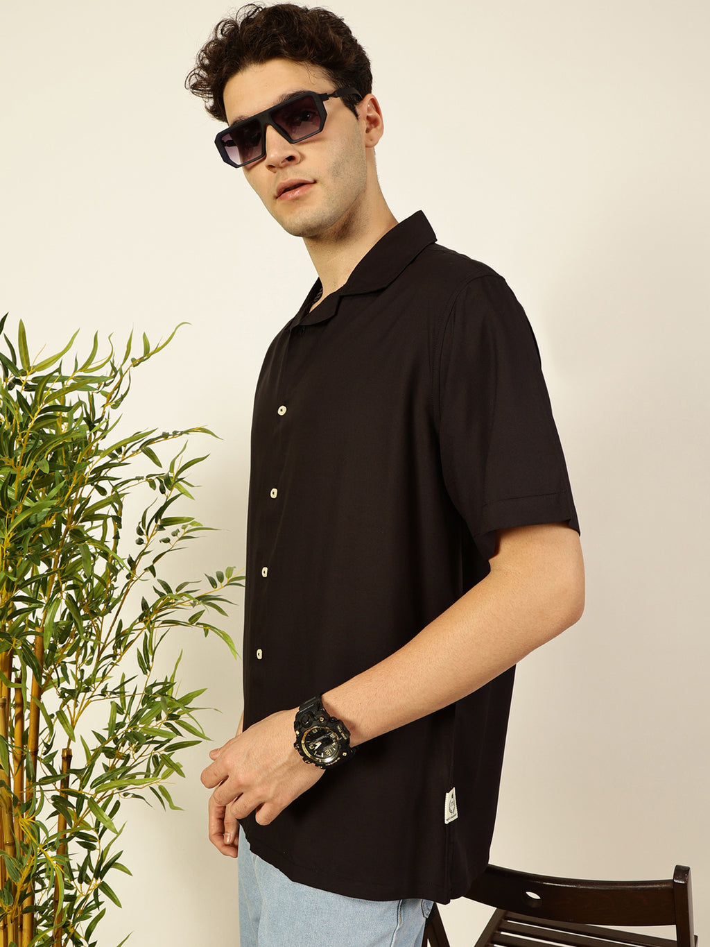 Black Short Sleeves Oversized Fit Solid Cuban Collar Viscose Casual Shirt