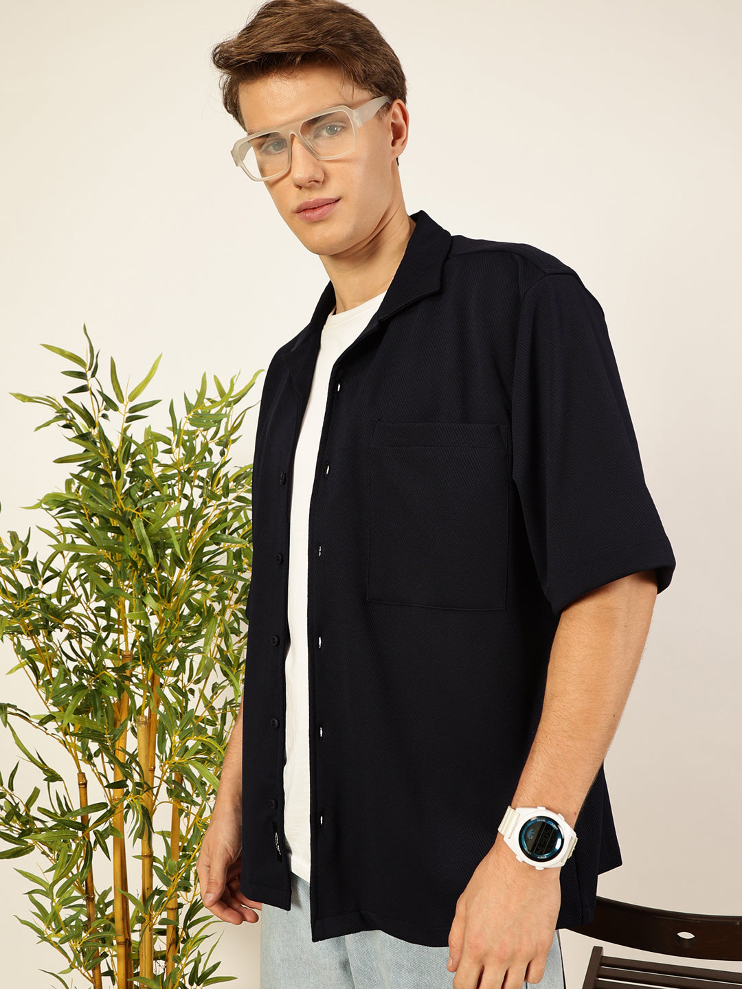 Thomas Scott Men Navy Short Sleeves Oversized Fit Textured Cuban Collar 100% Cotton Twill Casual Shirt