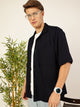 Thomas Scott Men Navy Short Sleeves Oversized Fit Textured Cuban Collar 100% Cotton Twill Casual Shirt