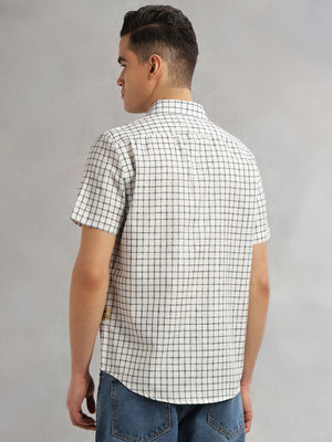 Navy Slim Fit Short Sleeves Spread Collar Gingham Checks Cotton Linen Casual Shirt For Men