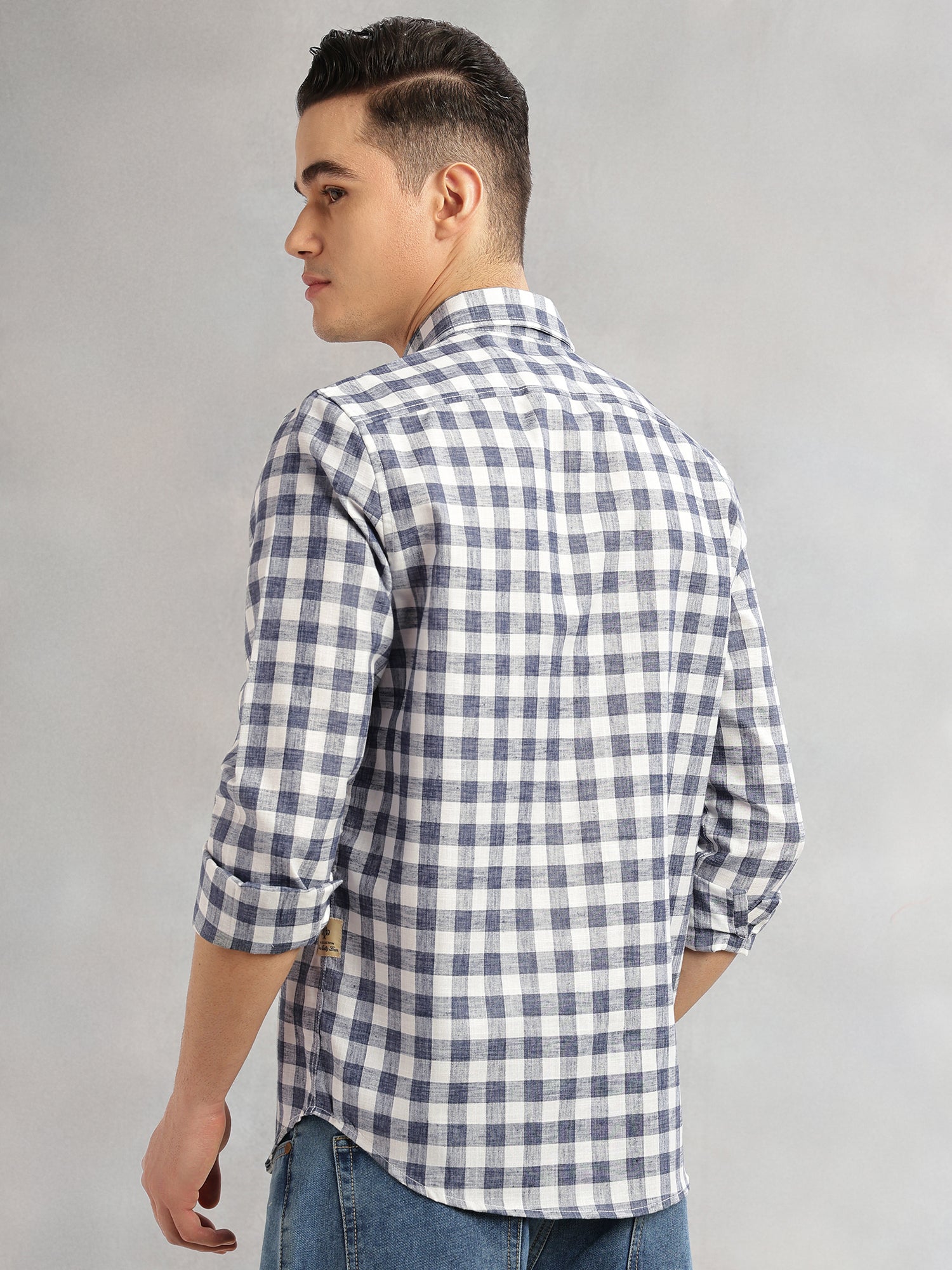 Thomas Scott Men Navy Slim Fit Long Sleeves Gingham Checks Spread Collar Cotton Linen Casual Shirt