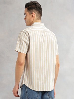 Thomas Scott Men Beige Slim Fit Cotton Linen Vertical Stripes Casual Shirt with Spread Collar & Short Sleeves