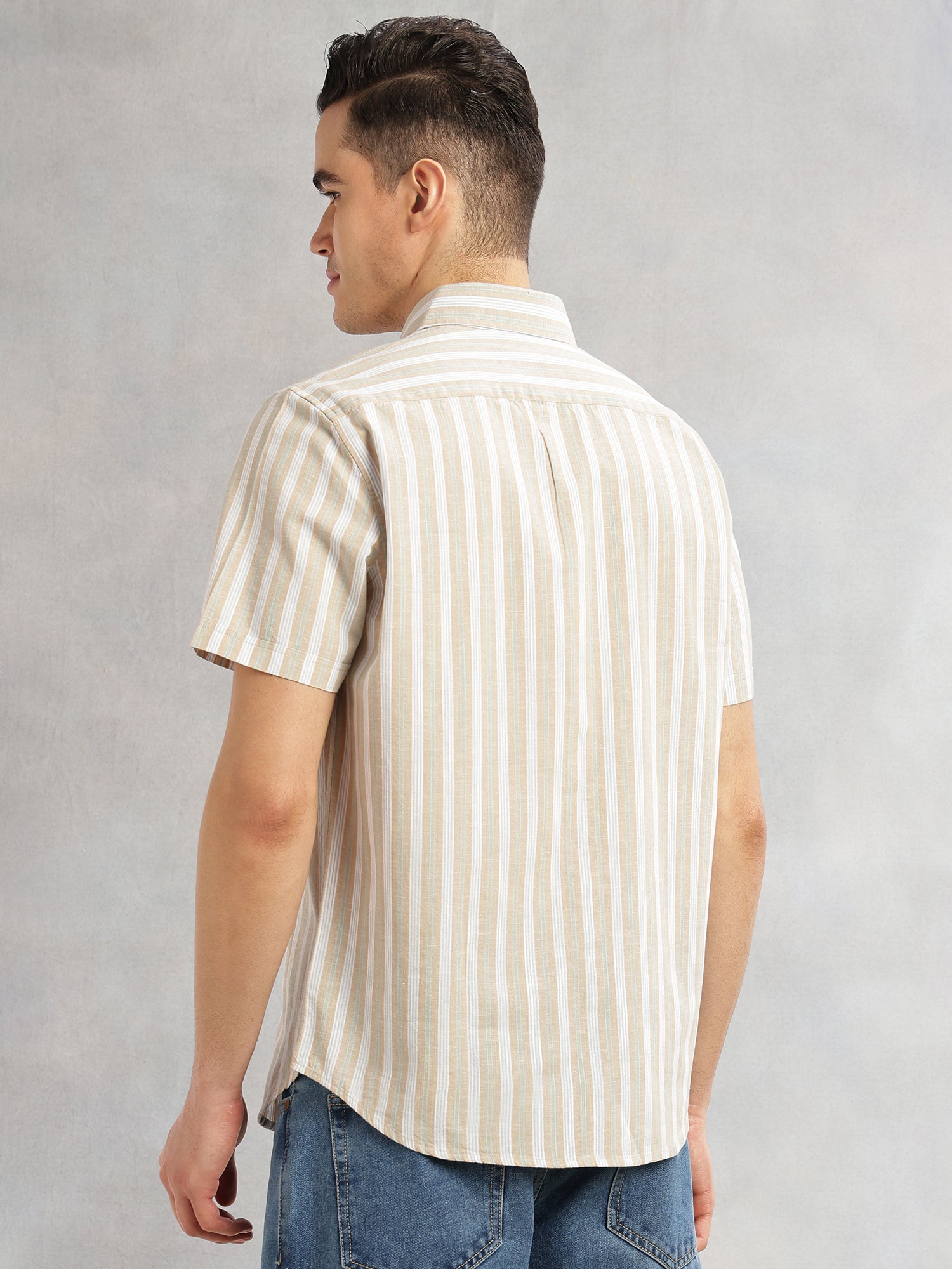 Thomas Scott Men Beige Slim Fit Cotton Linen Vertical Stripes Casual Shirt with Spread Collar & Short Sleeves
