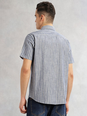 Blue Slim Fit Cotton Linen Vertical Stripes Casual Shirt For Men with Spread Collar & Short Sleeves