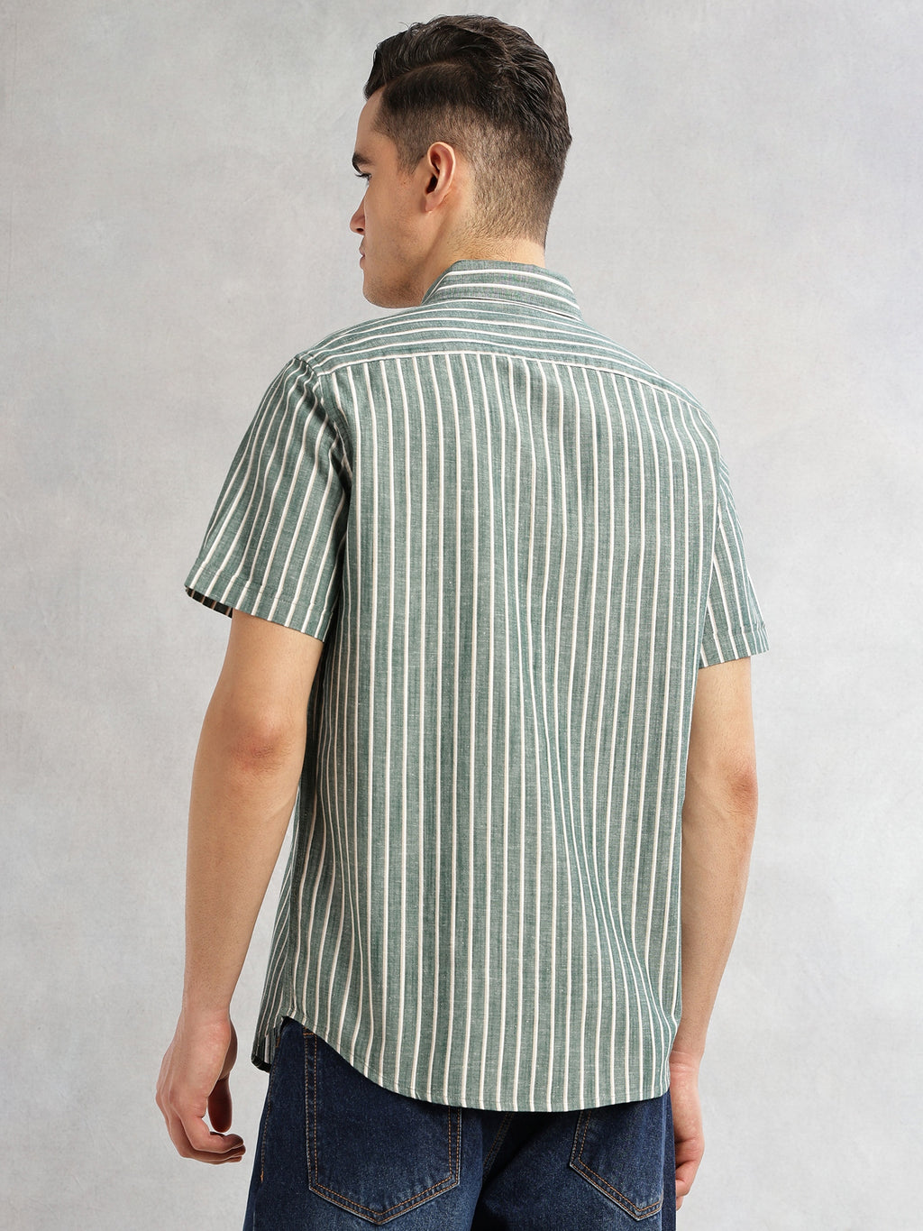 Thomas Scott Men Green Slim Fit Cotton Linen Vertical Stripes Casual Shirt with Spread Collar & Short Sleeves