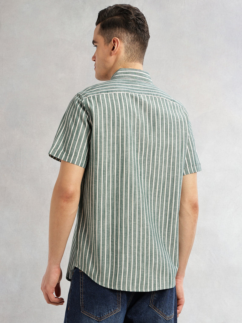 Thomas Scott Men Green Slim Fit Cotton Linen Vertical Stripes Casual Shirt with Spread Collar & Short Sleeves