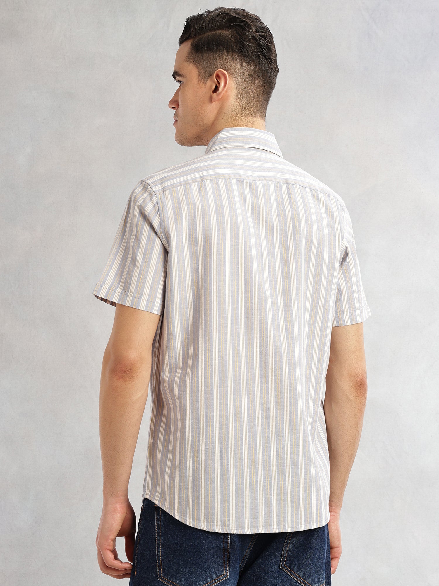 Thomas Scott Men Mid Blue Slim Fit Cotton Linen Vertical Stripes Casual Shirt with Spread Collar & Short Sleeves