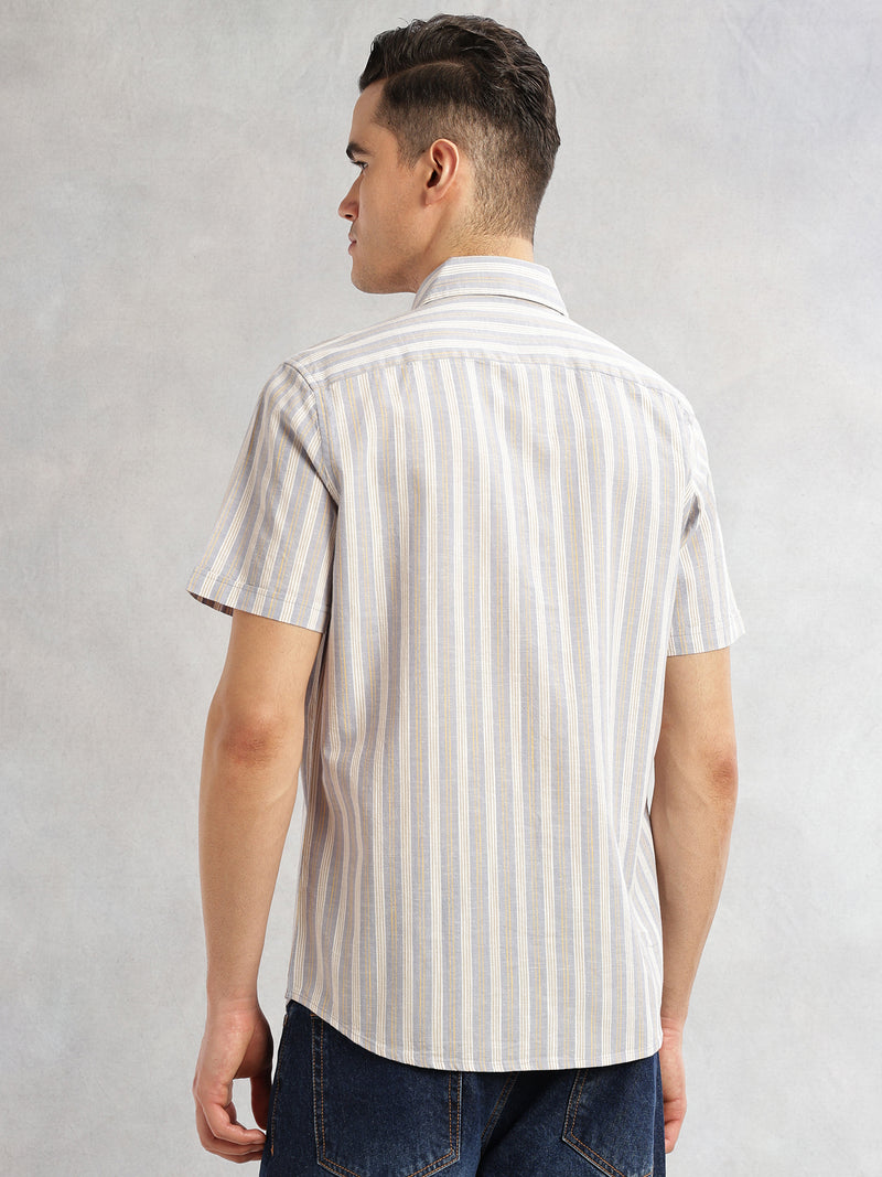 Thomas Scott Men Mid Blue Slim Fit Cotton Linen Vertical Stripes Casual Shirt with Spread Collar & Short Sleeves
