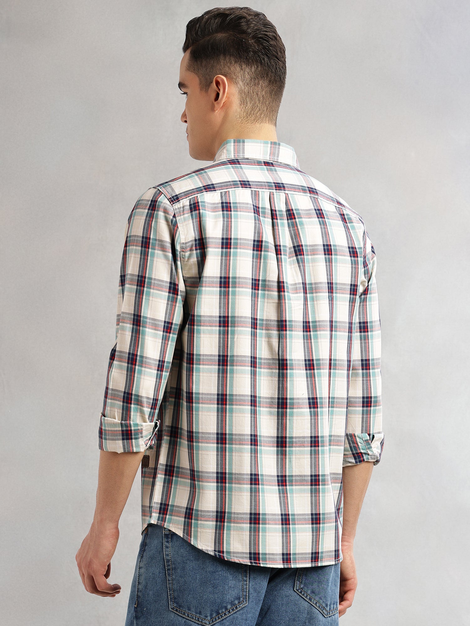 Thomas Scott Men Beige Slim Fit Long Sleeves Spread Collar Tartan Check 100% Cotton Casual Shirt