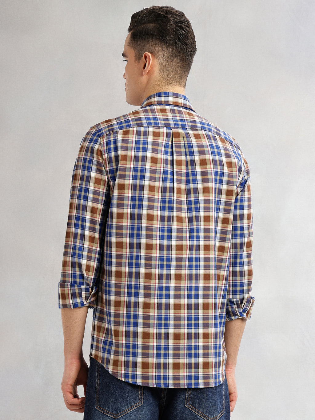 Thomas Scott Men Blue Slim Fit Long Sleeves Spread Collar Tartan Check 100% Cotton Casual Shirt