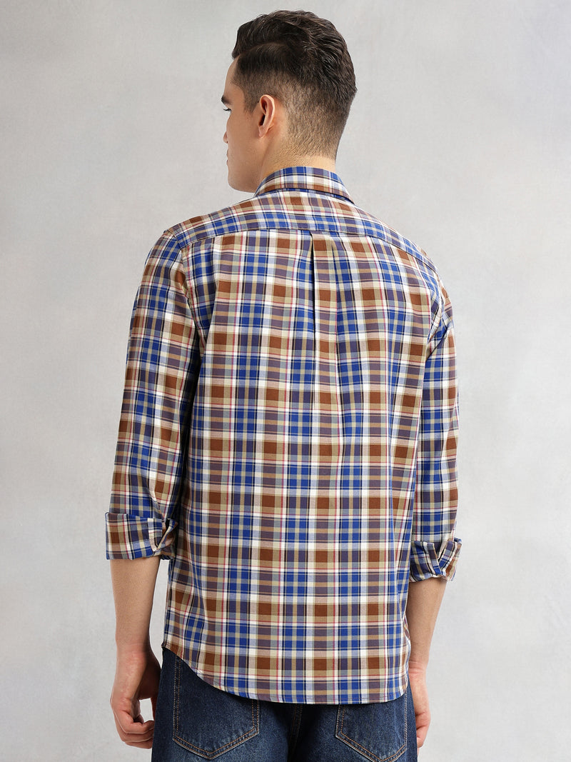 Thomas Scott Men Blue Slim Fit Long Sleeves Spread Collar Tartan Check 100% Cotton Casual Shirt