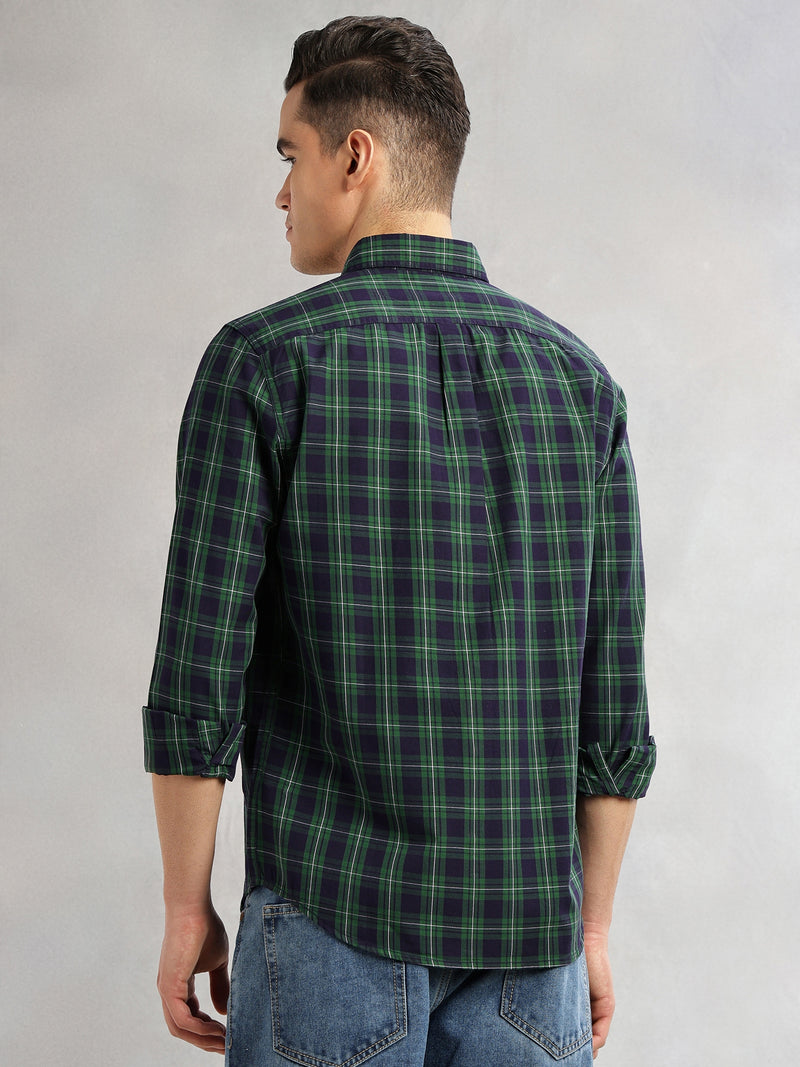 Thomas Scott Men Green Slim Fit Long Sleeves Spread Collar Tartan Check 100% Cotton Casual Shirt