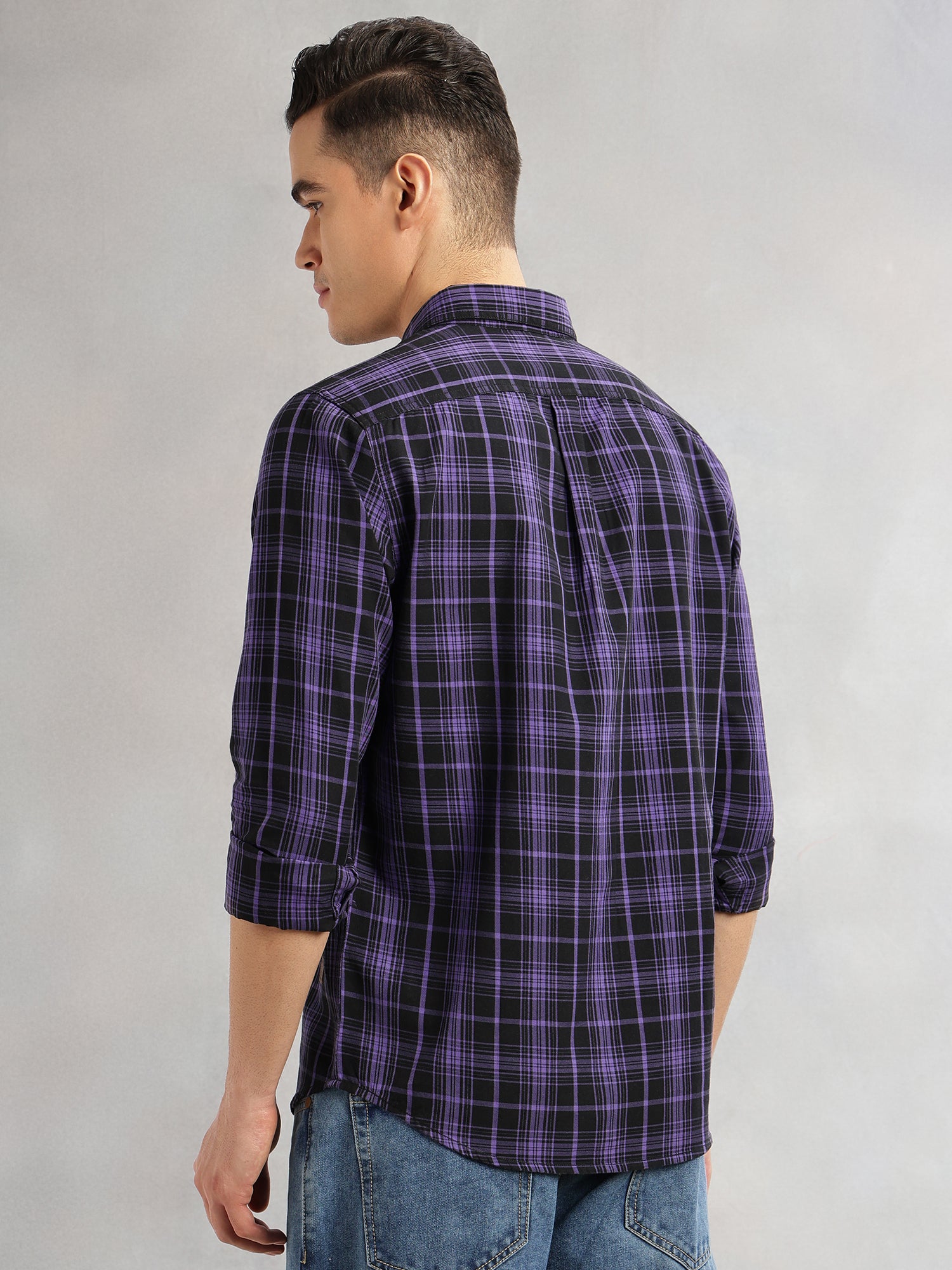 Thomas Scott Men Purple Slim Fit Long Sleeves Spread Collar Tartan Check 100% Cotton Casual Shirt