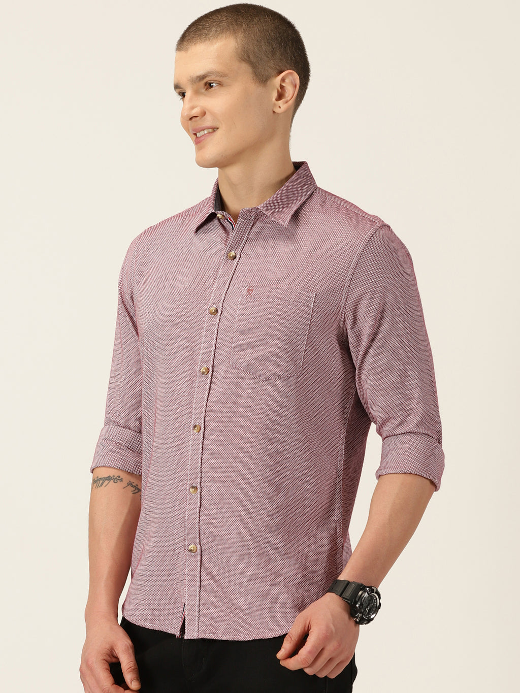 Thomas Scott Men Maroon Slim Fit Long Sleeves Spread Collar Graphic Checks Cotton Casual Shirt