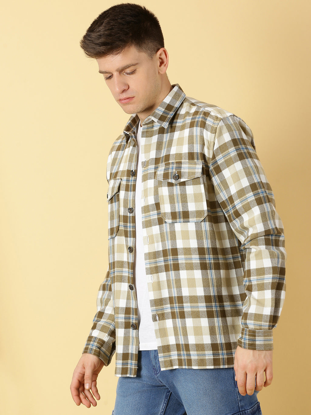 Thomas Scott Men Beige Regular Fit Long Sleeves Spread Collar Tartan Checks Casual Shacket