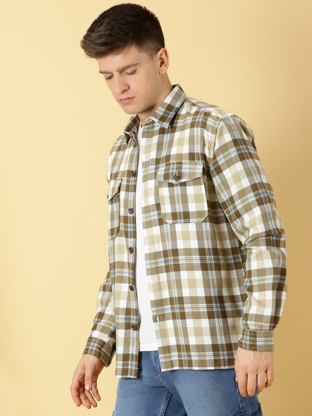Thomas Scott Men Beige Regular Fit Long Sleeves Spread Collar Tartan Checks Casual Shacket